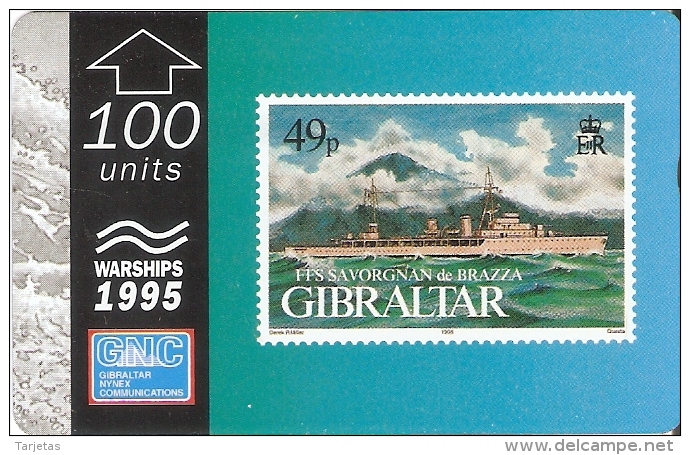 Nº39 TARJETA DE GIBRALTAR DE UN SELLO CON UN BARCO FLL SAVORGNAN DE BRAZZA (STAMP-SHIP) - Sellos & Monedas