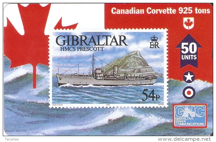 Nº 48 TARJETA DE GIBRALTAR DE UN SELLO CON UN BARCO (SHIP-STAMP)  NUEVO-MINT - Francobolli & Monete