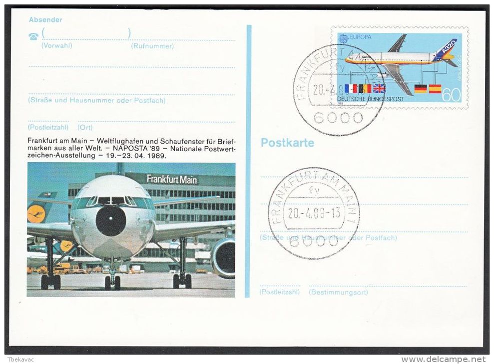 Germany 1989, Illustrated Postal Stationery "Airpost In Frankfurt" W./ Postmark "Frankfurt", Ref.bbzg - Cartoline Illustrate - Usati