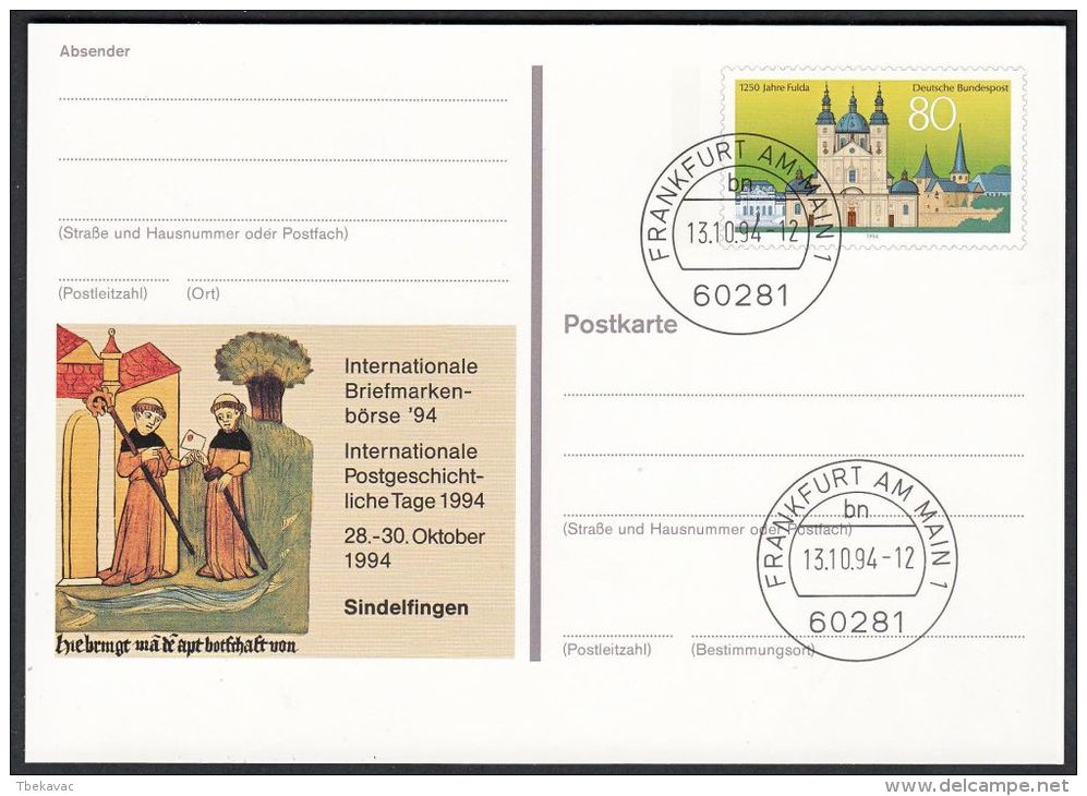 Germany 1994, Illustrated Postal Stationery "Philatelic Exhibition In Sindelfigen" W./postmark "Frankfurt", Ref.bbzg - Cartoline Illustrate - Usati