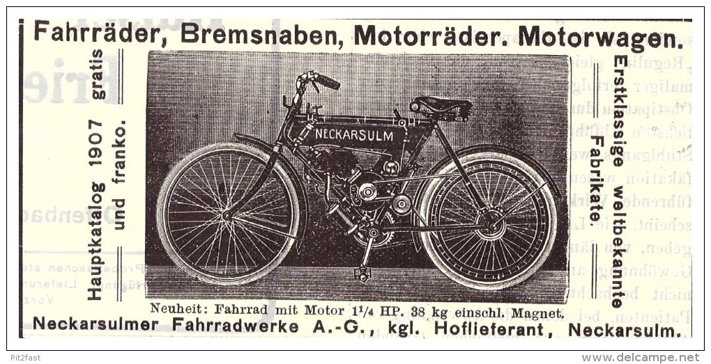 Original Werbung - 1907 - NSU , Motorrad , Neckarsulm , Moto , Motorräder !!! - Motor Bikes