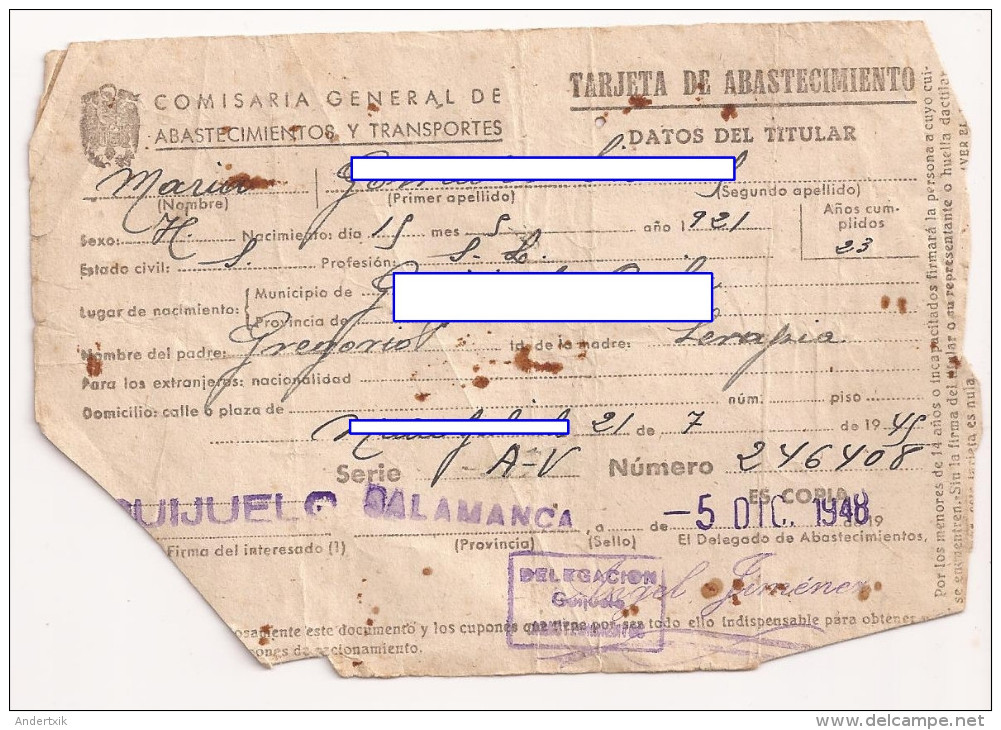 Doc Antiguo, Tarjeta De Abastecimiento, Salamanca 5 Diciembre 1948 - Sin Clasificación