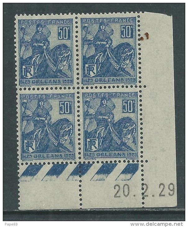 France N° 257 XX Jeanne D'Arc En Bloc De 4 Coin Daté Du 20 . 2 . 29  Pt Blanc Ss  Ch, Plis De Gom, Qq Dents Dét. SinonTB - ....-1929