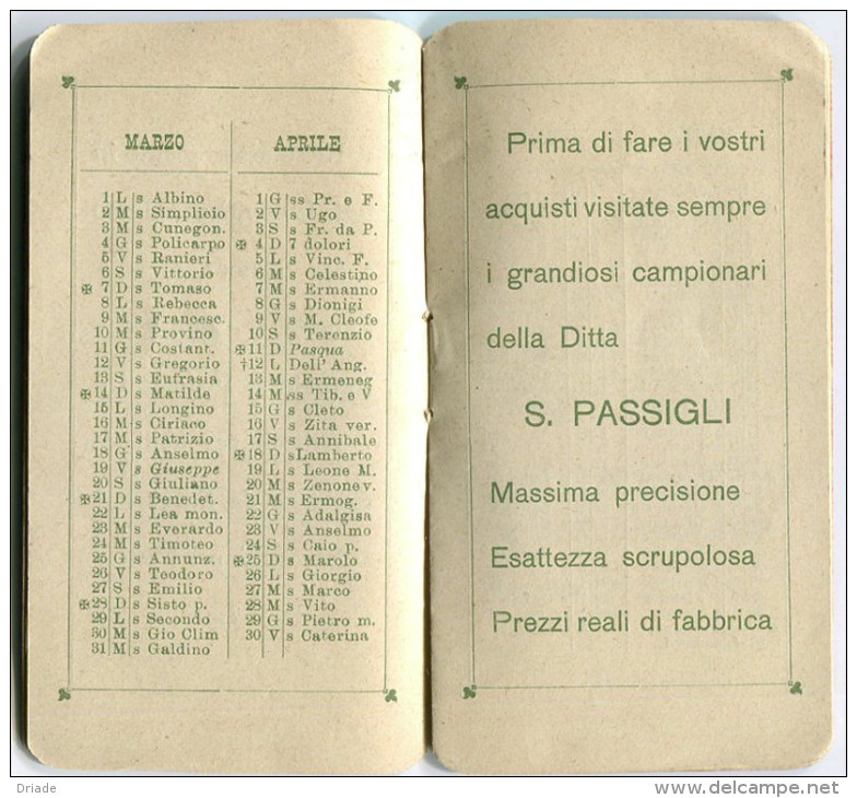 CALENDARIETTO DITTA S. PASSIGLI FIRENZE STOFFE PER UOMO E SIGNORA ANNO 1909 - Petit Format : 1901-20