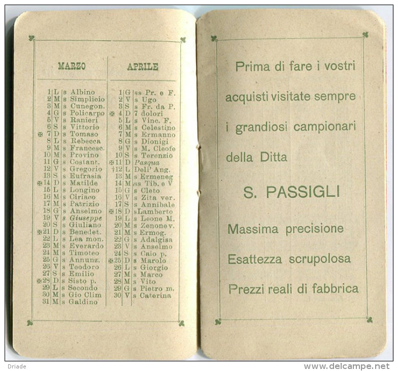 CALENDARIETTO DITTA S. PASSIGLI FIRENZE STOFFE PER UOMO E SIGNORA ANNO 1909 - Formato Piccolo : 1901-20