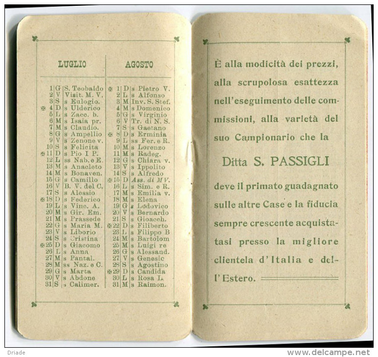 CALENDARIETTO DITTA S. PASSIGLI FIRENZE STOFFE PER UOMO E SIGNORA ANNO 1909