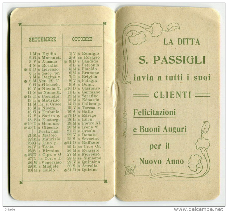 CALENDARIETTO DITTA S. PASSIGLI FIRENZE STOFFE PER UOMO E SIGNORA ANNO 1909