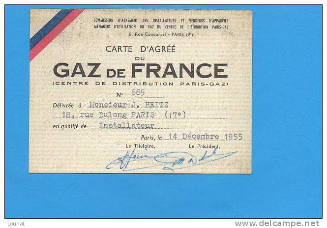 Carte D´agréé Du Gaz De France  1955 Paris 17è - Sin Clasificación