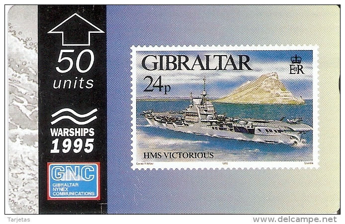 Nº37/a TARJETA DE GIBRALTAR DE UN SELLO CON UN BARCO HSM VICTORIUS 512L (STAMP-SHIP)  (RARA) - Barcos