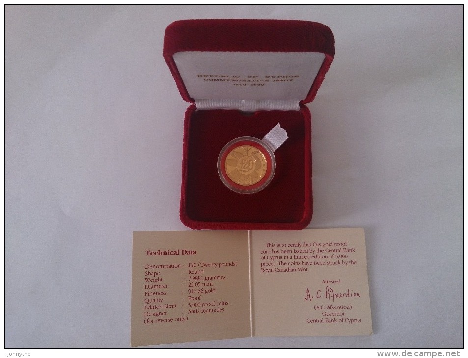 Cyprus 1990 20 Pounds 30 Years Of Cyprus Republic Gold Coin UNC - Autres – Europe