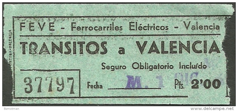 QY487 Railway Ticket SPAIN FEVE Transitos - Valencia - Europe