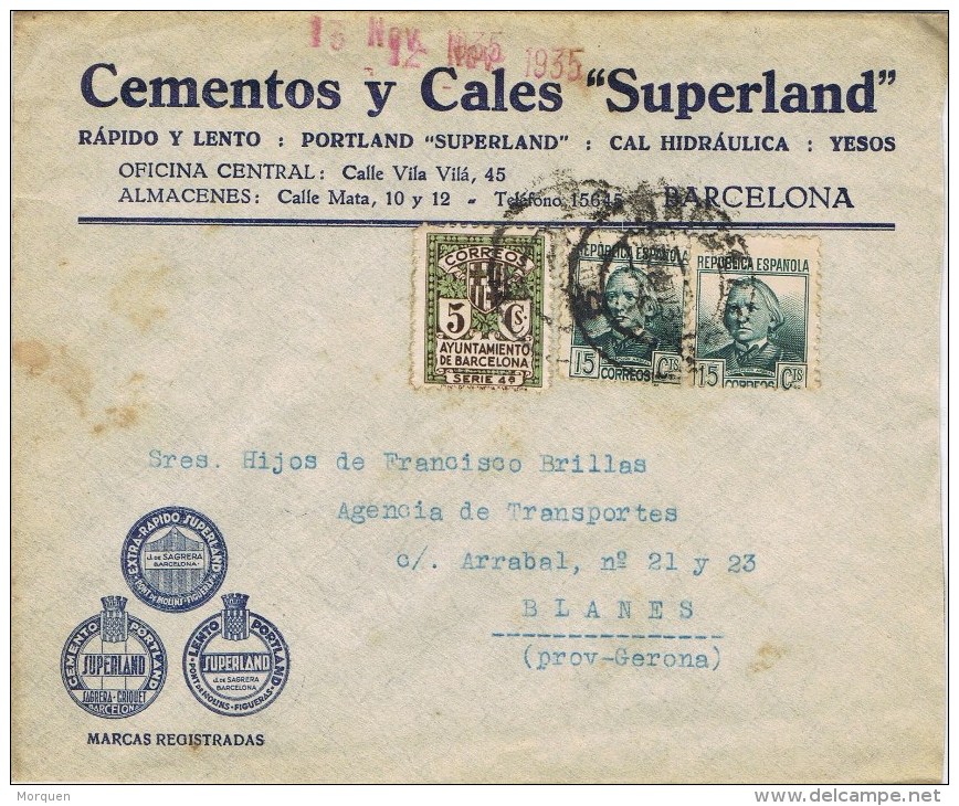 10619. Carta Comercial BARCELONA 1935. Recargo Exposicion - Barcelone