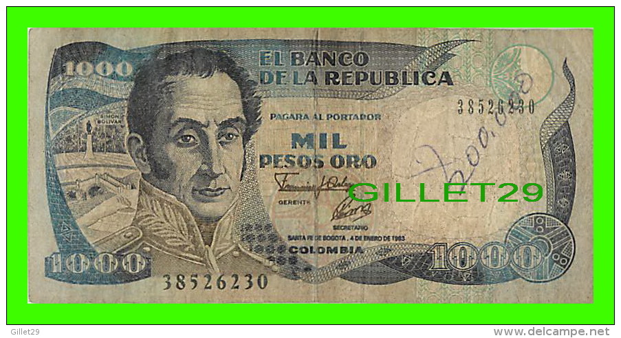 BILLETS DE LA COLOMBIE - BANCO DE LA REPUBLICA COLOMBIA -  MIL PESOS - No 38526230, 1993 - - Colombie