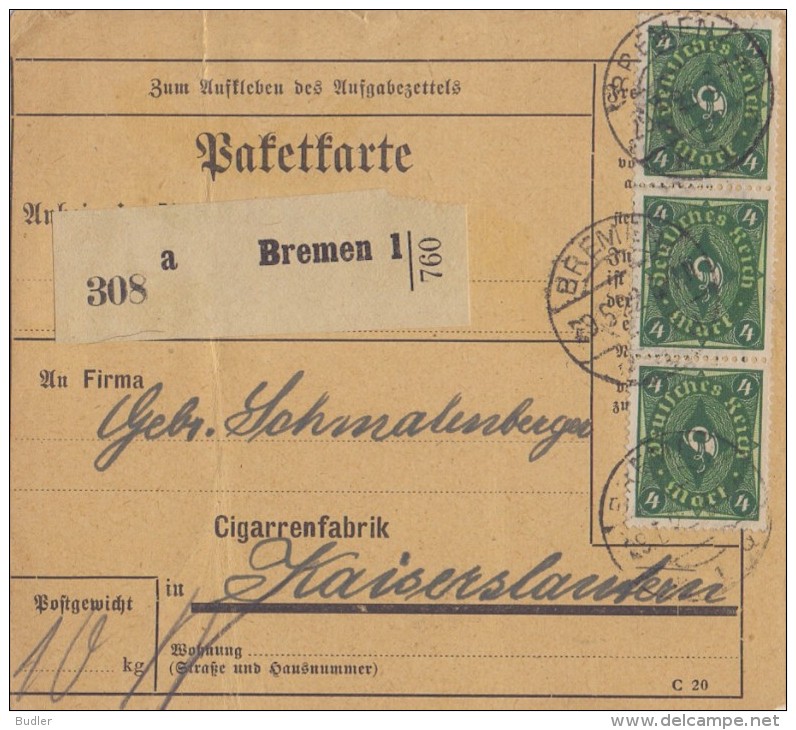 DEUTSCHES REICH : 1922 : Gelaufen ##Paketkarte## : ROKEN,FUMER,SMOKE, SIGAAR,CIGARE,CIGAR,TABAK,TABAC,TOBACCO, - Tabac