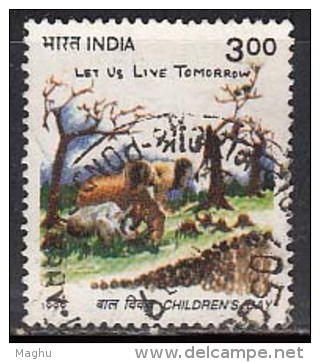 Childrens Day, Art Painting, Elephant, Rhino, Animal, Barren Tree India 1999 Used - Oblitérés