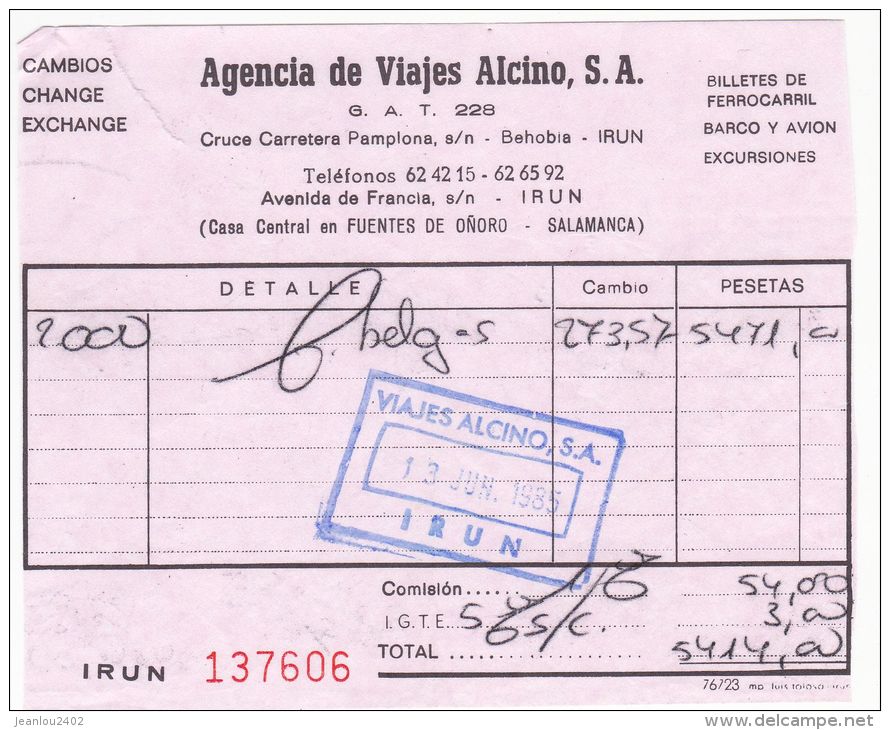 RECEPISSE CHANGE IRUN ESPAGNE - 1985 - España