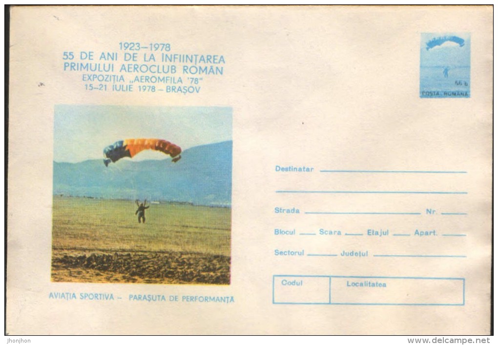 Romania- Postal Stationery Envelope 1978 - Parachuting, Parachute Performance - Parachutespringen
