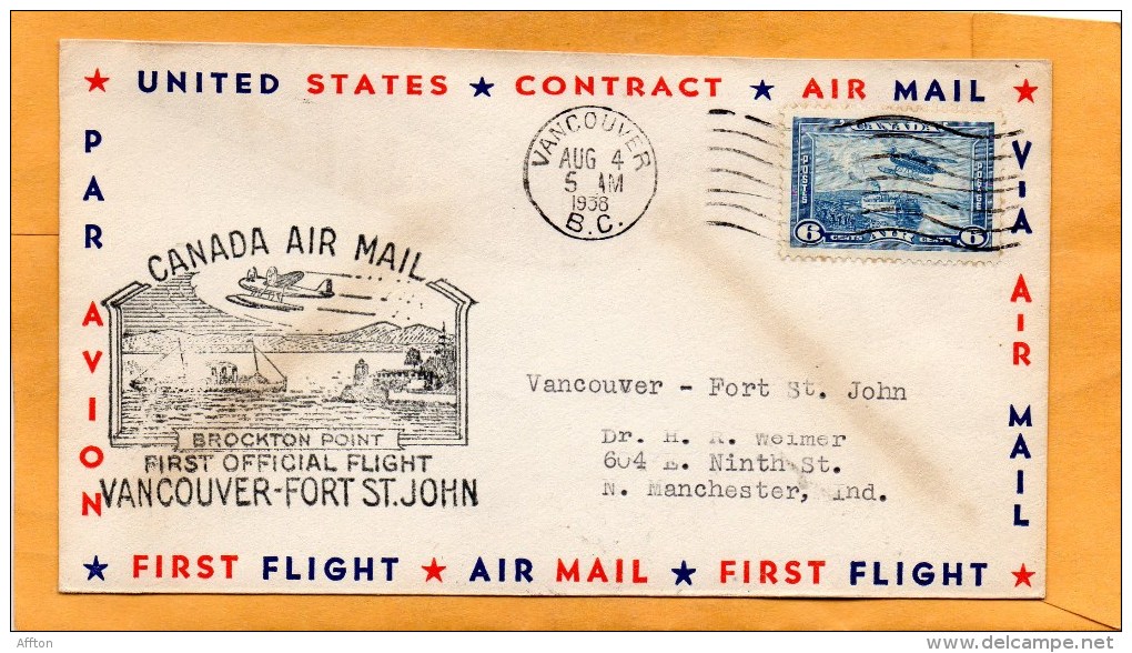 Vancouver Fort St John 1938 Air Mail Cover - Erst- U. Sonderflugbriefe
