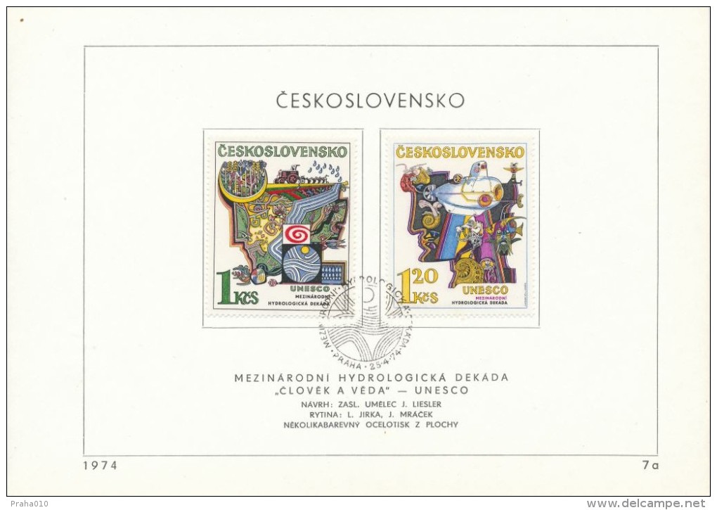 Czechoslovakia / First Day Sheet (1974/07a) Praha: Hydrological Decade (1,20 - Shells, Fish, Diver, Bathyscaphe...) - Duikboten