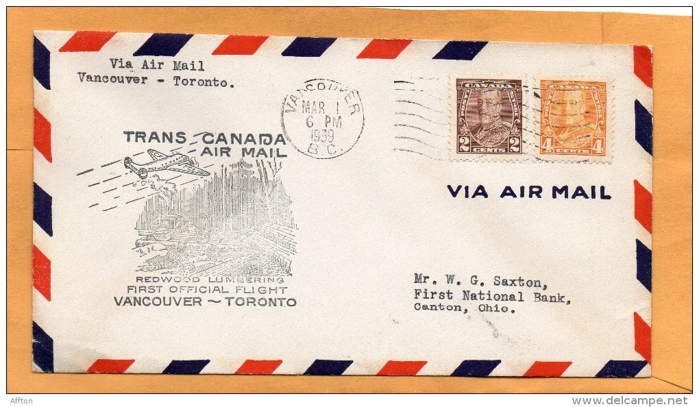 Vancouver Toronto 1939 Air Mail Cover - First Flight Covers