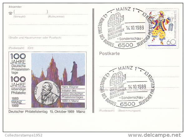 4376- PHILATELY DAY, HANS WAGNER, ARLEQUIN, POSTCARD STATIONERY, 1989, GERMANY - Cartoline Illustrate - Usati