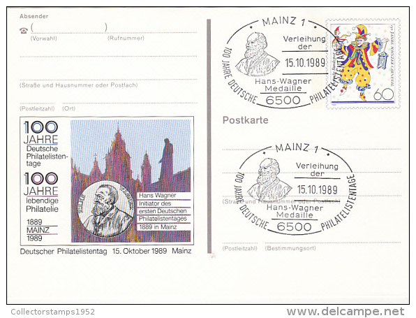 4377- PHILATELY DAY, HANS WAGNER, ARLEQUIN, POSTCARD STATIONERY, 1989, GERMANY - Cartoline Illustrate - Usati