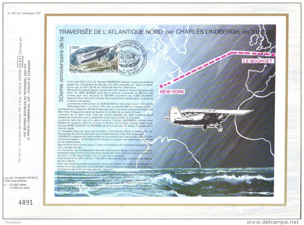 Feuillet CEF Premier Jour FDC Document  -  Charles Lindbergh - Traversée De L´Atlantique Nord - Aerei