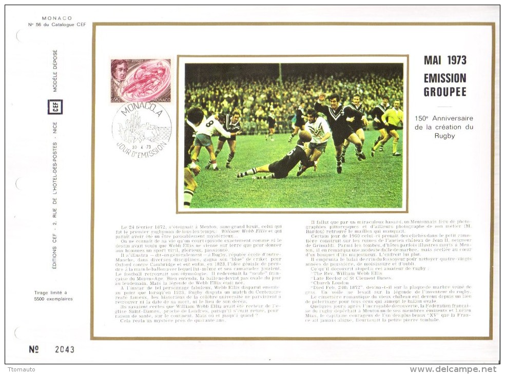 Feuillet CEF Premier Jour FDC Document  -  1973 -  Anniversaire De La Création Du Rugby - Rugby