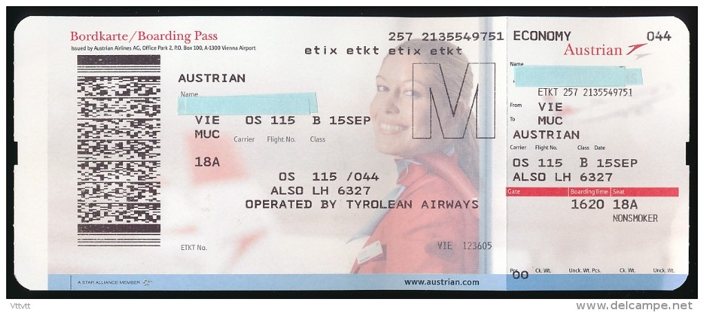 Titre De Transports, Boarding Pass : VIENNE-MUNICH, Austrian Airlines, Opérated By Tyrolean Airways, Classe Economy - Europe