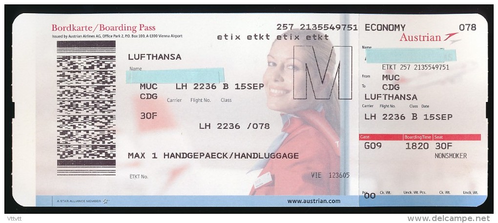 Titre De Transports, Boarding Pass : MUNICH - PARIS CHARLES DE GAULLE, Lufthansa, By Austrian Airlines, Classe Economy - Europe