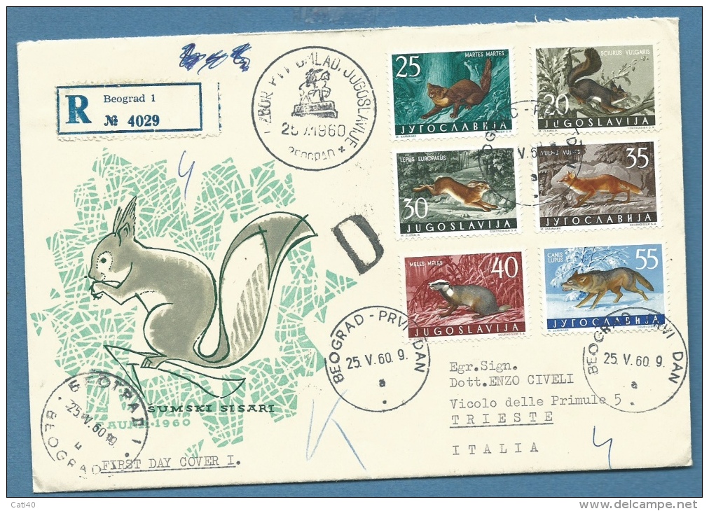 JUGOSLAVIA - 1960 - SERIE FAUNA SU BUSTE RACCOMANDATA DA  BELGRADO BEOGRAD A TRIESTE - Storia Postale