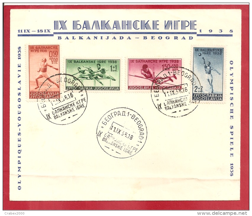 Y&T N°326 à329   BALKANIJADA BEOGRAD     Le    11 SEPTEMBRE 1938 - Storia Postale