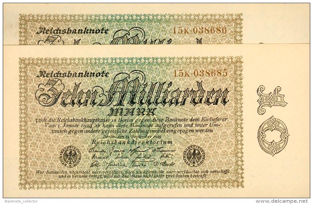 Deutschland, Germany - SET 2 X 10 Mrd. Mark, Reichsbanknote, Ro. 113 D ,  ( Serie K ) UNC - XF, 1923 ! - 10 Milliarden Mark