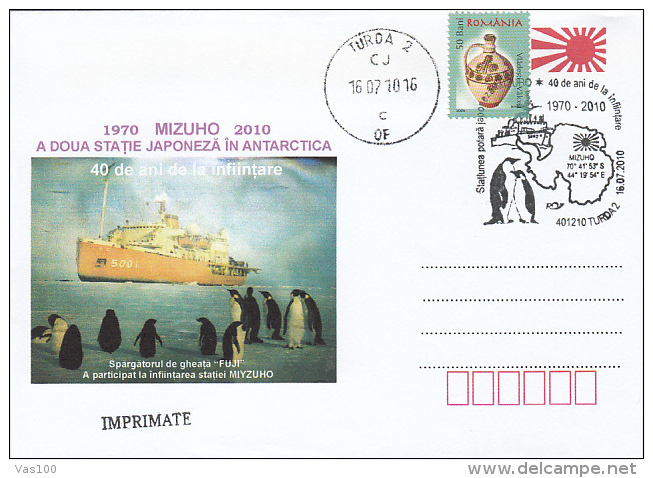 MIZUHO SECOND JAPONESE ANTARCTIC BASE,  SHIP, PENGUINS, SPECIAL COVER, 2010, ROMANIA - Onderzoeksstations