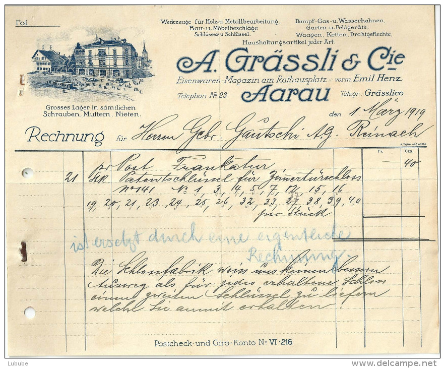 Rechnung  "Grässli & Co., Haushaltartikel, Aarau"           1919 - Suiza