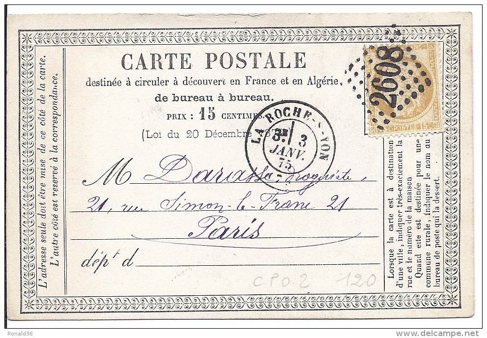 Cp Précurseur Timbre 15c N° 59 Ceres Cachet Lozange Pointillé 2608 Et Rond LA ROCHE YON  Commande Signé BERTAULT Vendée - 1871-1875 Ceres