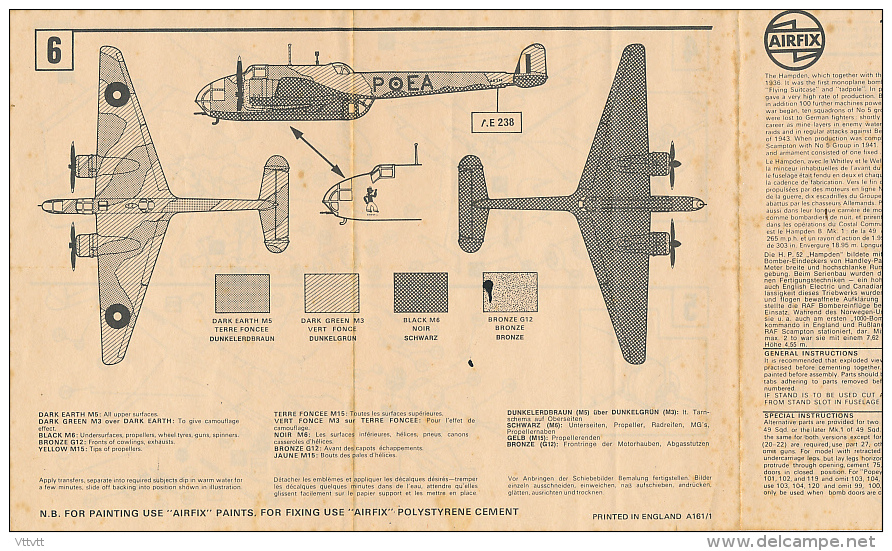 Ancienne Fiche De Montage, Avion H.P. HAMPDEN, Airfix, 1/72 Scale Model Construction Kit, 4 Pages (3 Langues) - Ohne Zuordnung