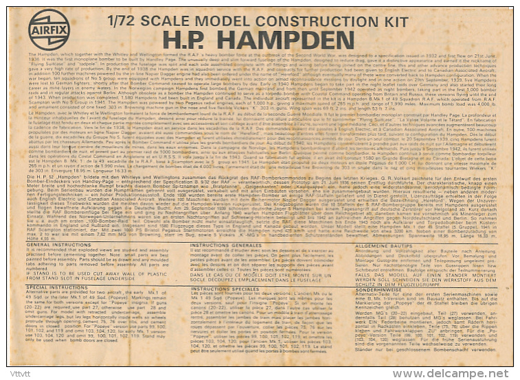 Ancienne Fiche De Montage, Avion H.P. HAMPDEN, Airfix, 1/72 Scale Model Construction Kit, 4 Pages (3 Langues) - Unclassified