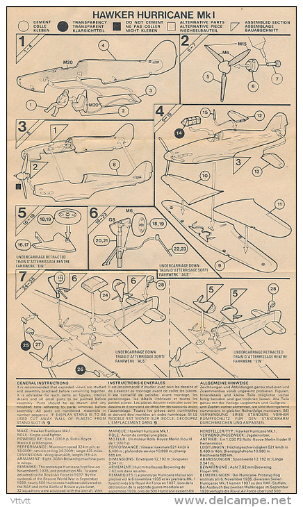 Ancienne Fiche De Montage, Avion HAWKER HURRICANE MkI, Airfix, Recto-Verso, 2 Pages (en 3 Langues) - Non Classés