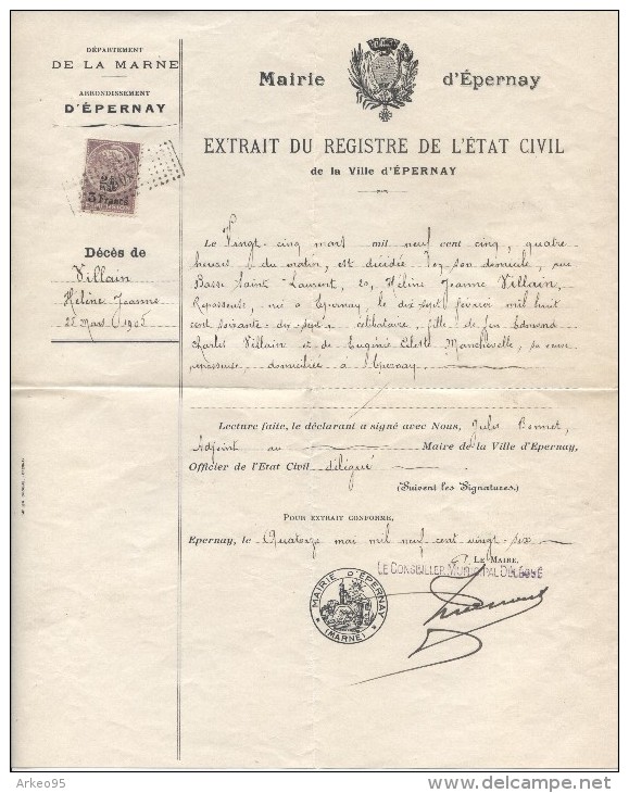 Extrait D'acte De Décès Délivré Par La Ville D'Epernay, 14/5/1926. Avec Enveloppe - Historische Documenten