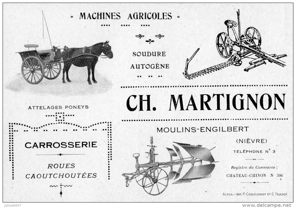 MOULIN ENGILBERT (58) Carte Publicitaire Machines Agricoles Carrosserie Martignon - Moulin Engilbert
