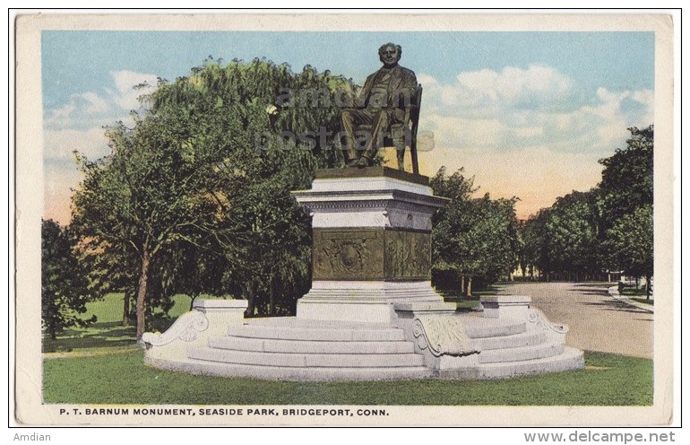 BRIDGEPORT CT - BARNUM MONUMENT - SEASIDE PARK -1920s Vintage Connecticut Postcard - BRONZE STATUE - Bridgeport