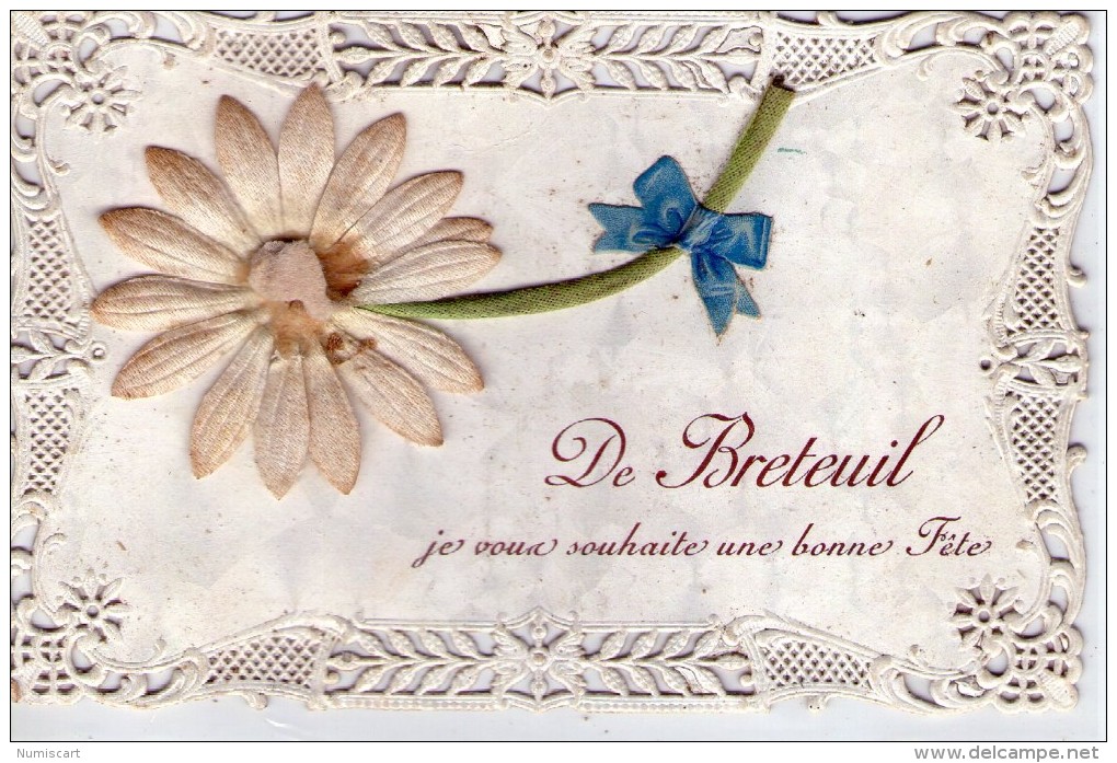 Belle Carte Brodée.. Bonne Fête.. "De Breteuil".. Fleurs.. Marguerite - Brodées