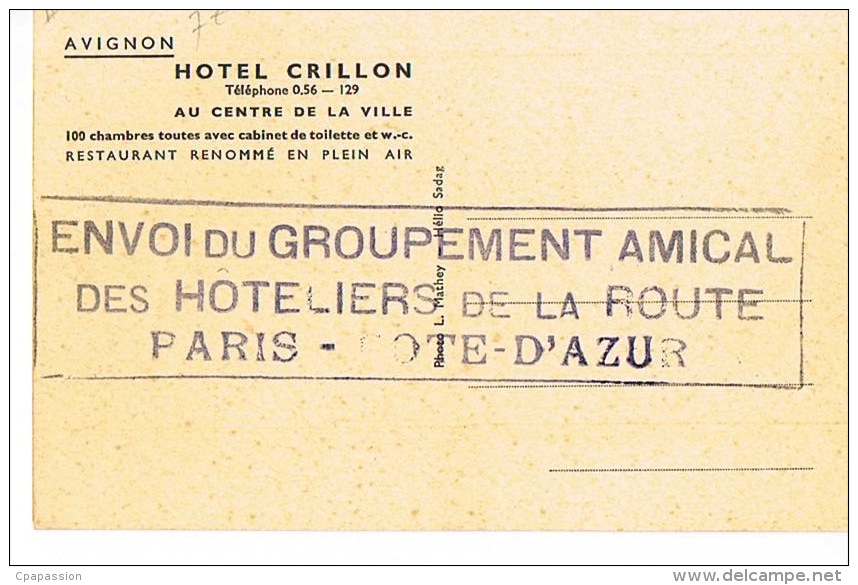 CPSM AVIGNON Hotel CRILLON Envoi Du Groupement Amical Des Hoteliers De La Route PARIS-COTE D'AZUR -Recto Verso - Avignon