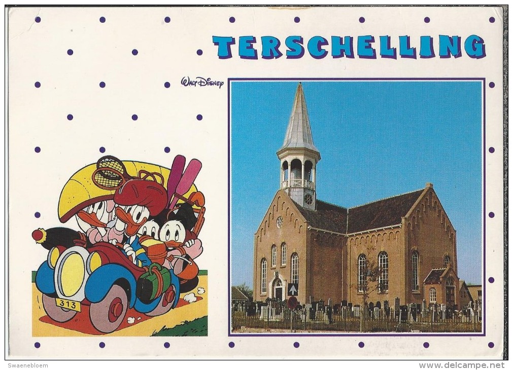 NL.- Midsland. Terschelling. Nederlands Hervormde Kerk Met Begraafplaats.Walt Disney Figuren. 2 Scans - Terschelling