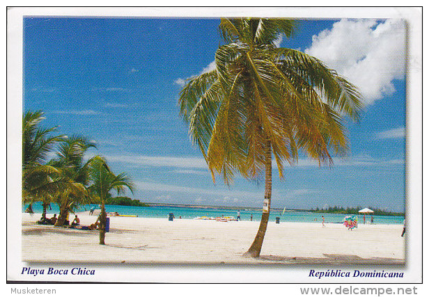 Dominican Republic PPC Playa Boca Chica Beach & Palm Tree Par Avion EXPRESS Label 2002 To Denmark (2 Scans) - Dominicaine (République)