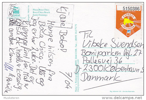 Dominican Republic PPC Playa Boca Chica Beach & Palm Tree Par Avion EXPRESS Label 2002 To Denmark (2 Scans) - Dominicaine (République)