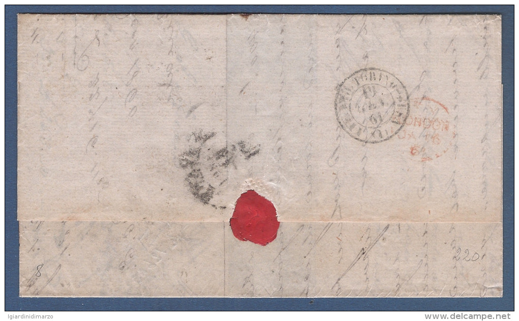 GRAN BRETAGNA-1861- 2 Valori Da 6 P. E 1 S.(catalogo N. 19/20) Su Manoscritto Da Liverpool A Livorno-in Buone Condizioni - Storia Postale
