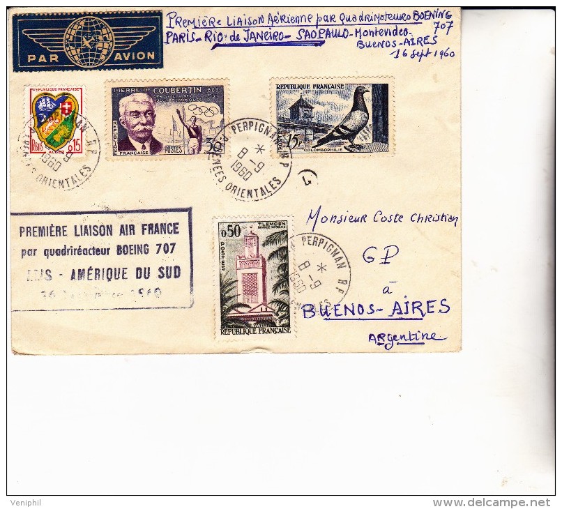 LETTRE PREMIERE LIAISON AERIENNE PAR QUADRIREACTEUR BOENG 707-PARIS - RIO DE JANEIRO SAO PAULO -8-9-1960 - First Flight Covers