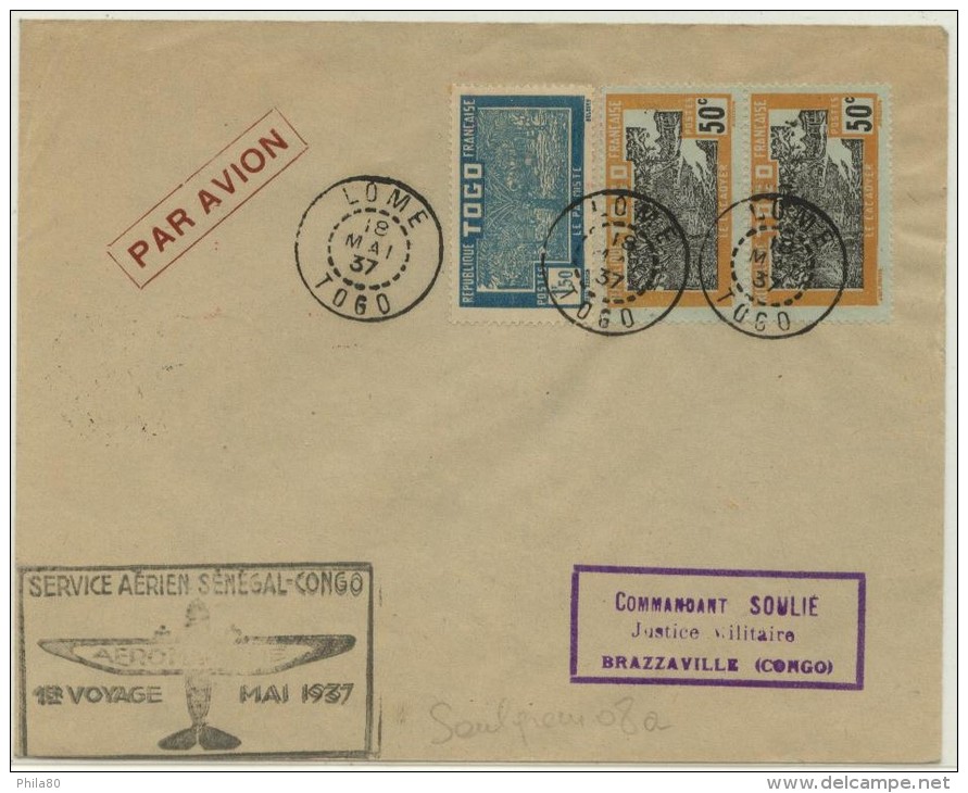 1er Voyage Aérien Togo Lomé Brazzaville Daté Du 18 Mai 1937 (saulgrain 08a) - Lettres & Documents